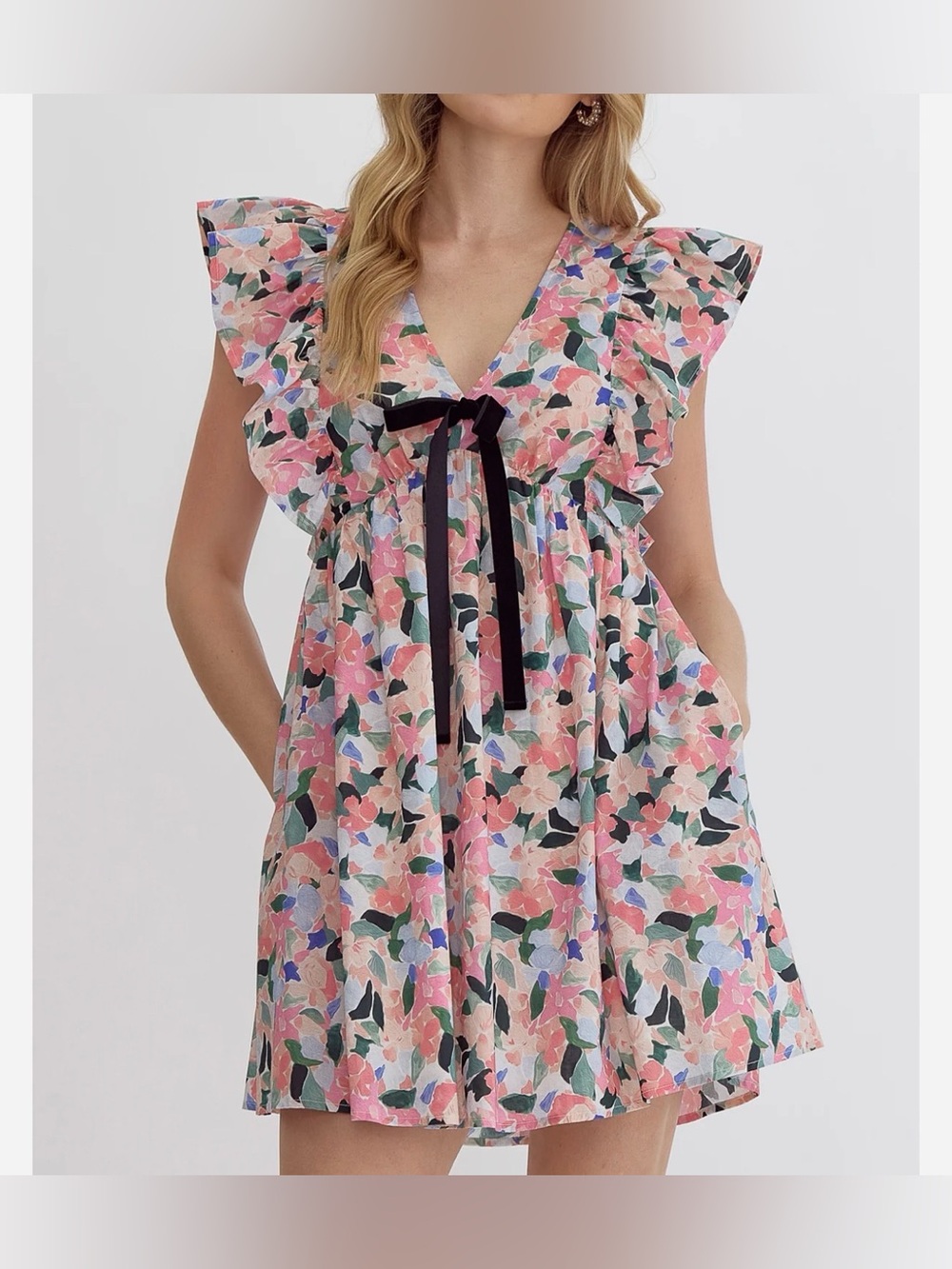 Entro Floral Ruffle V-Neck Mini Dress with Black Bow - Size Large